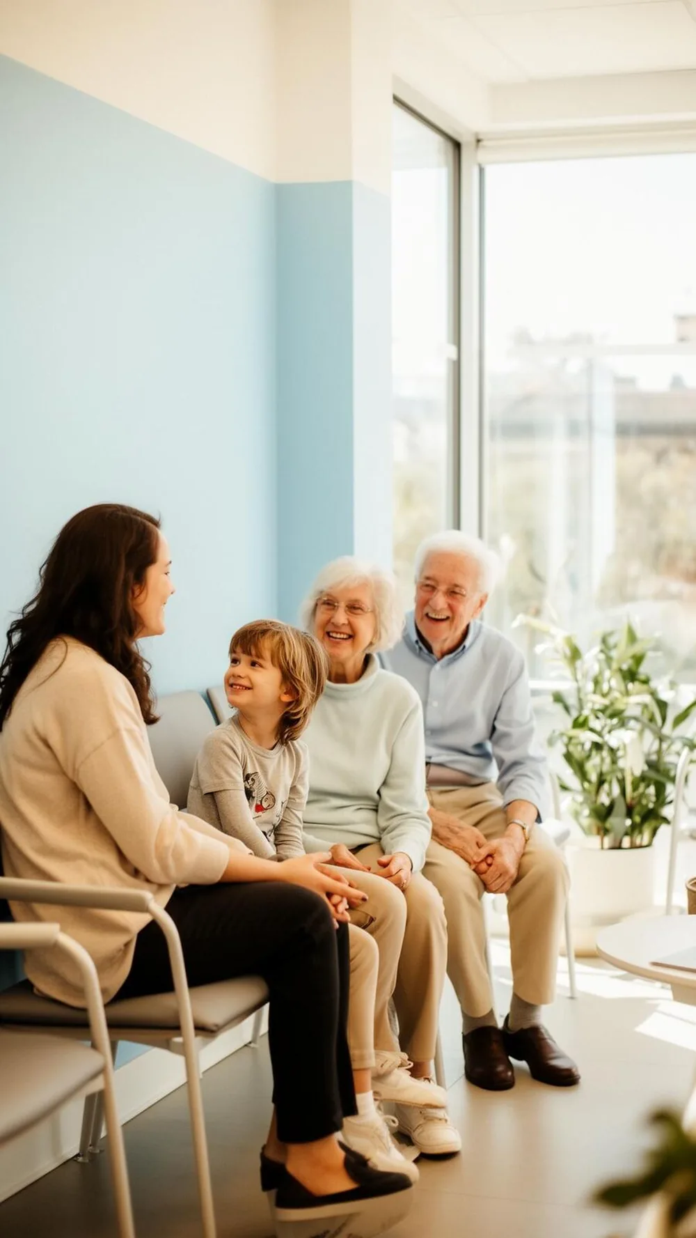 Multigenerational family smiling together in a bright modern dental clinic